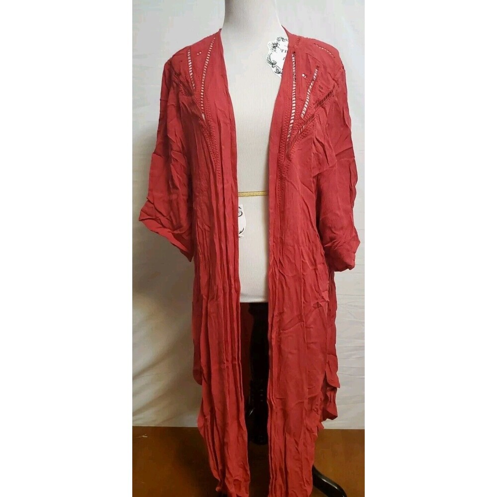 Torrid Red Crinkled Gauze Crochet Longline Kimono Sweater Top Size 1/2 1X/ 2X